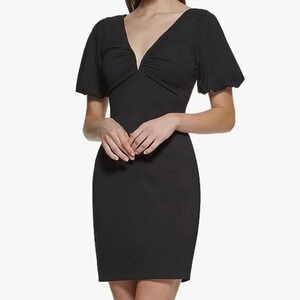 New Guess Puff Sleeve Ponte Mini Dress Black Padded Size 2